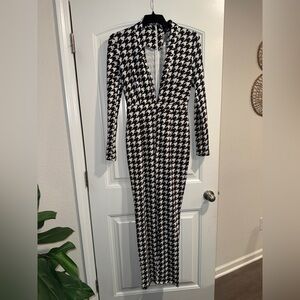 ASOS Monochrome Houndstooth Long Sleeve Dress Tall